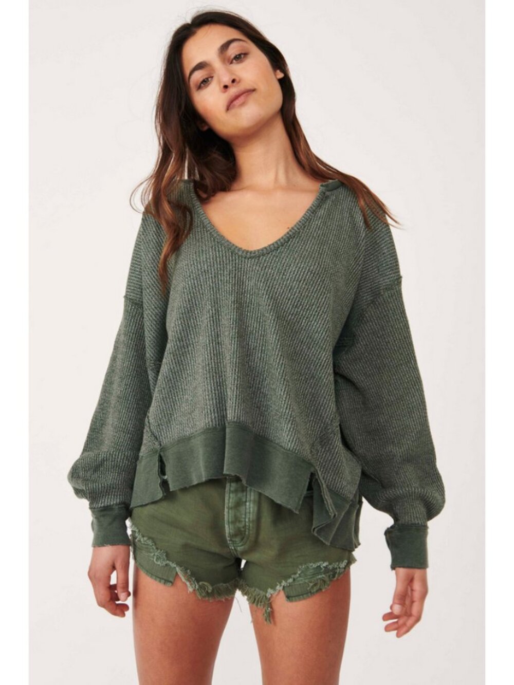 We The Free Sz. S Aged Pine Buttercup Long Sleeve Oversized Thermal Top
